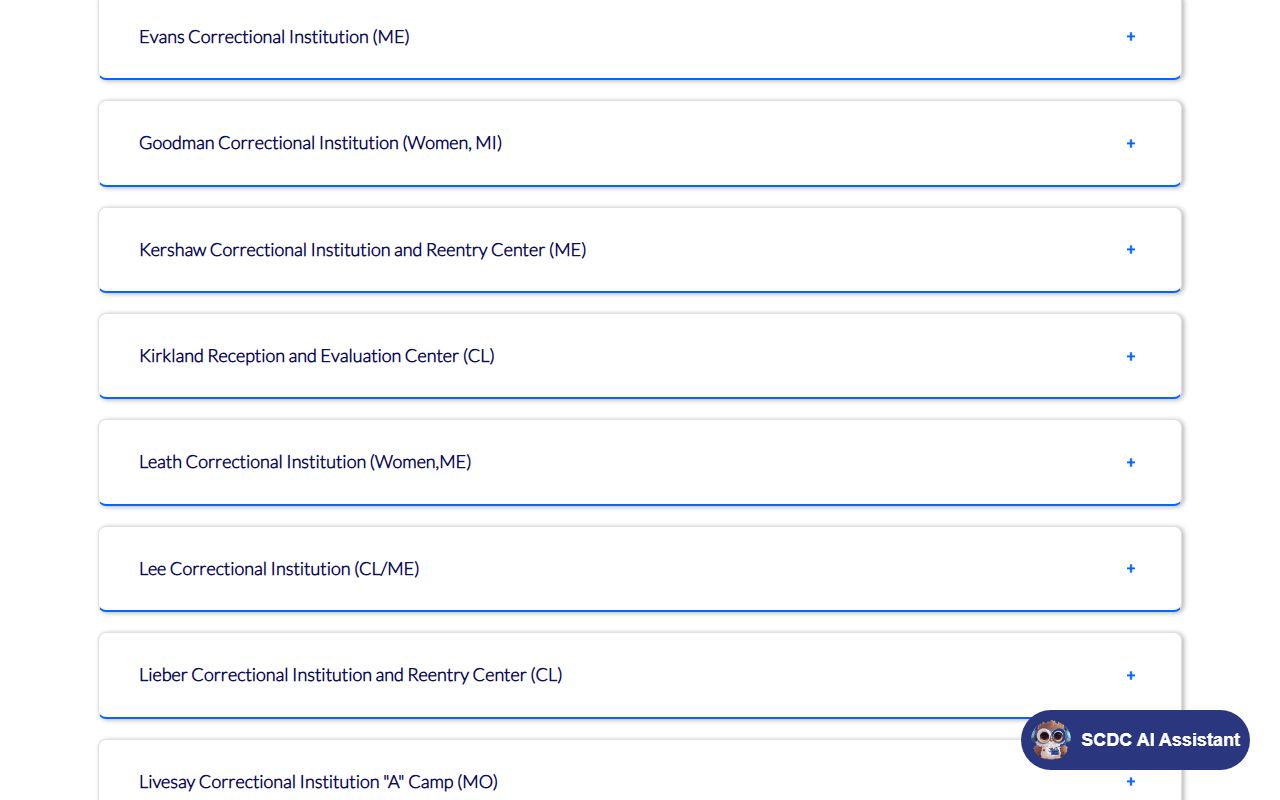 SCDC institutions page section for Evans Correctional Institution