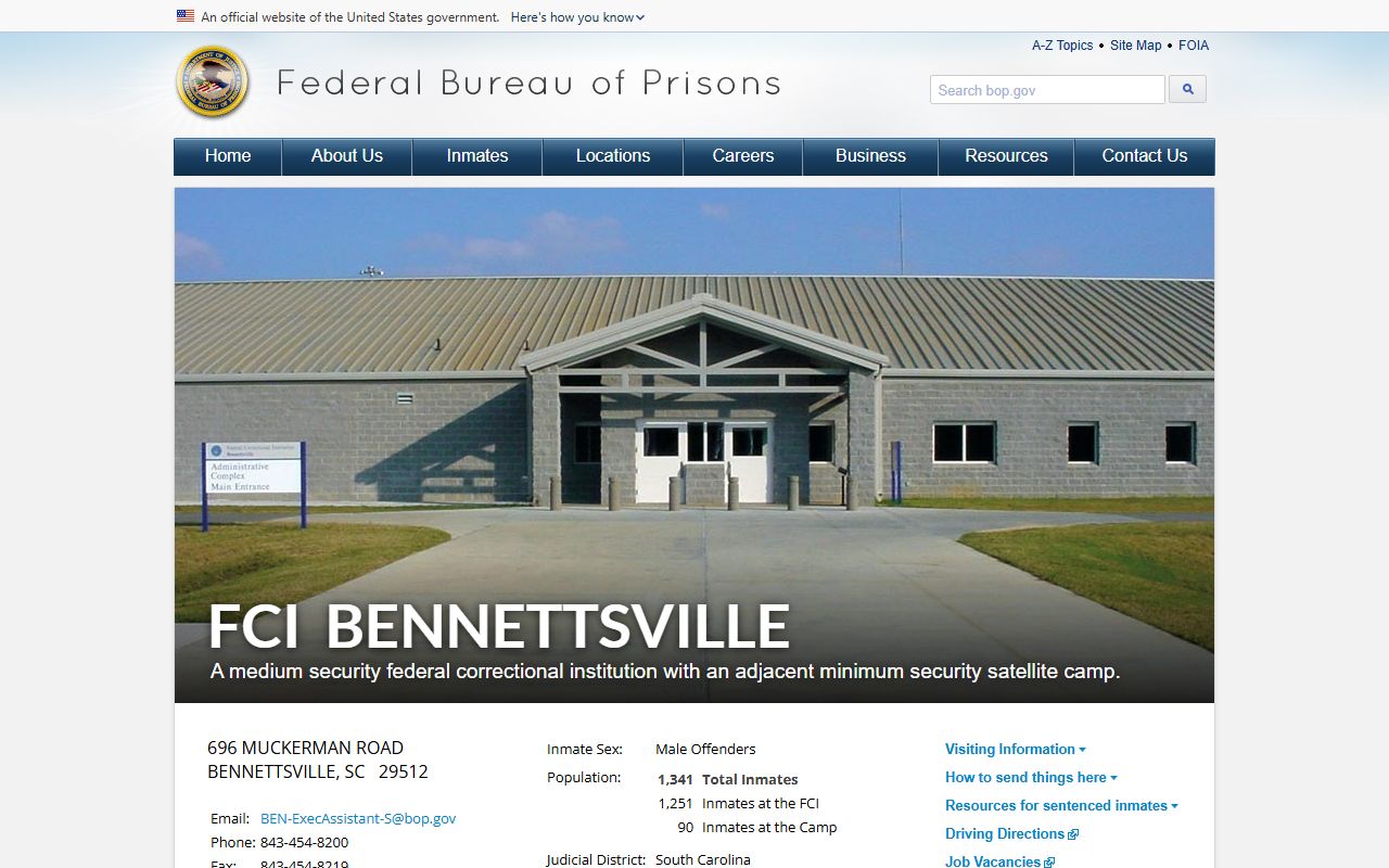 BOP FCI Bennettsville page with address security level population visiting and mail links